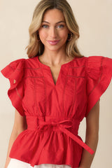 Don't Overthink It Red Short Sleeve Belted Peplum Top