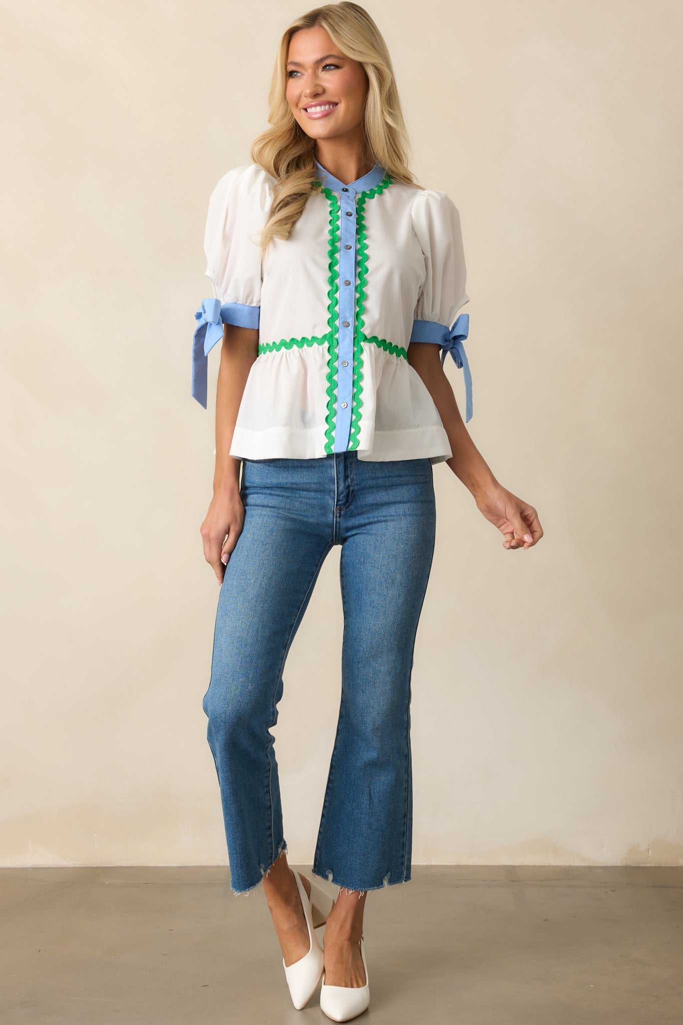 Easy Breezy Ivory Button Front Puff Sleeve Top