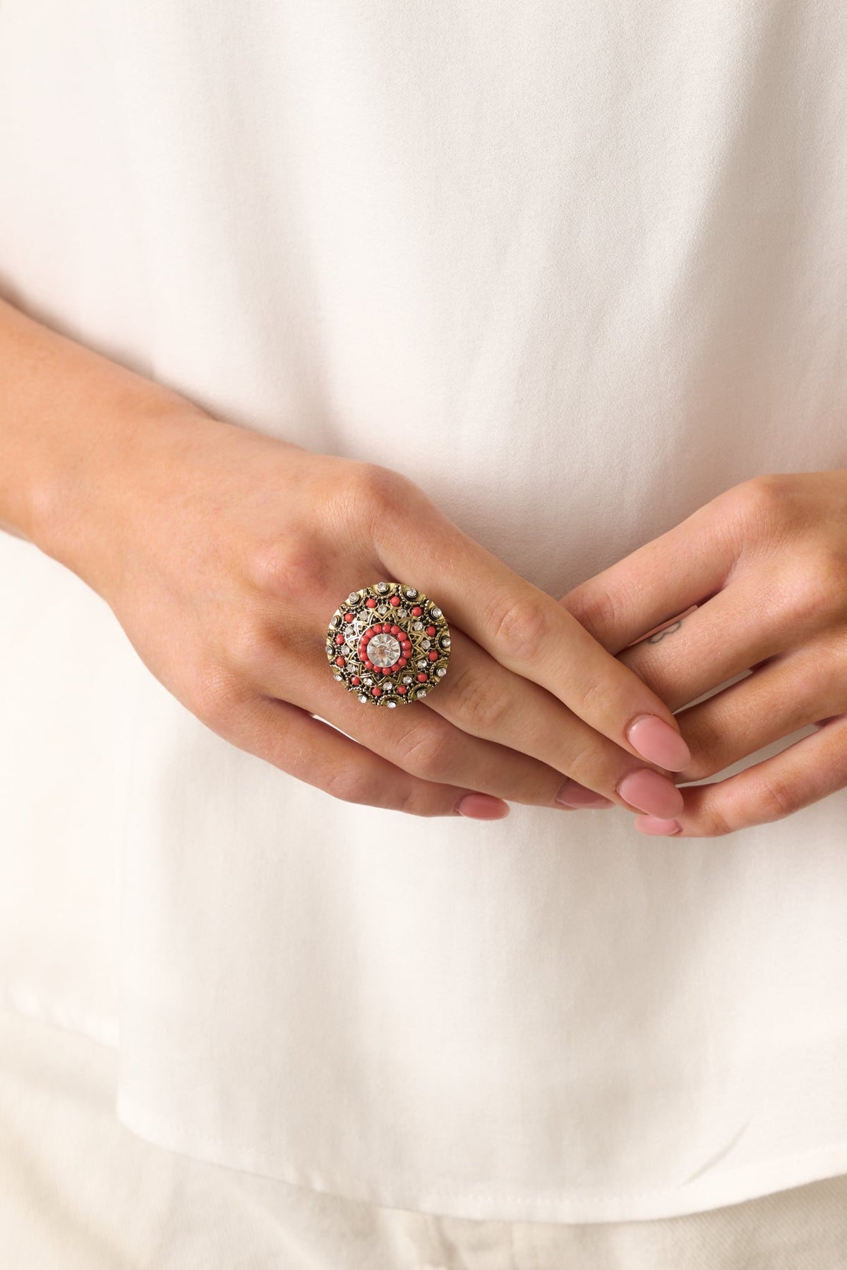 Where Life Takes You Coral Geometric Cocktail Stretch Ring