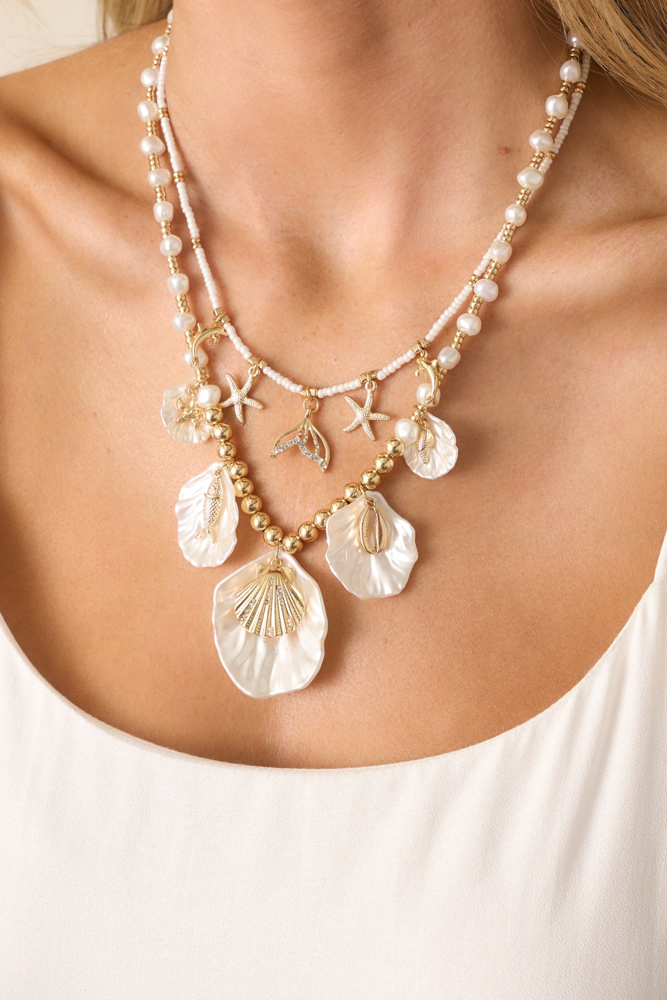 Sunkissed Living Gold Ivory Pearl Layered Coastal Charm Necklace