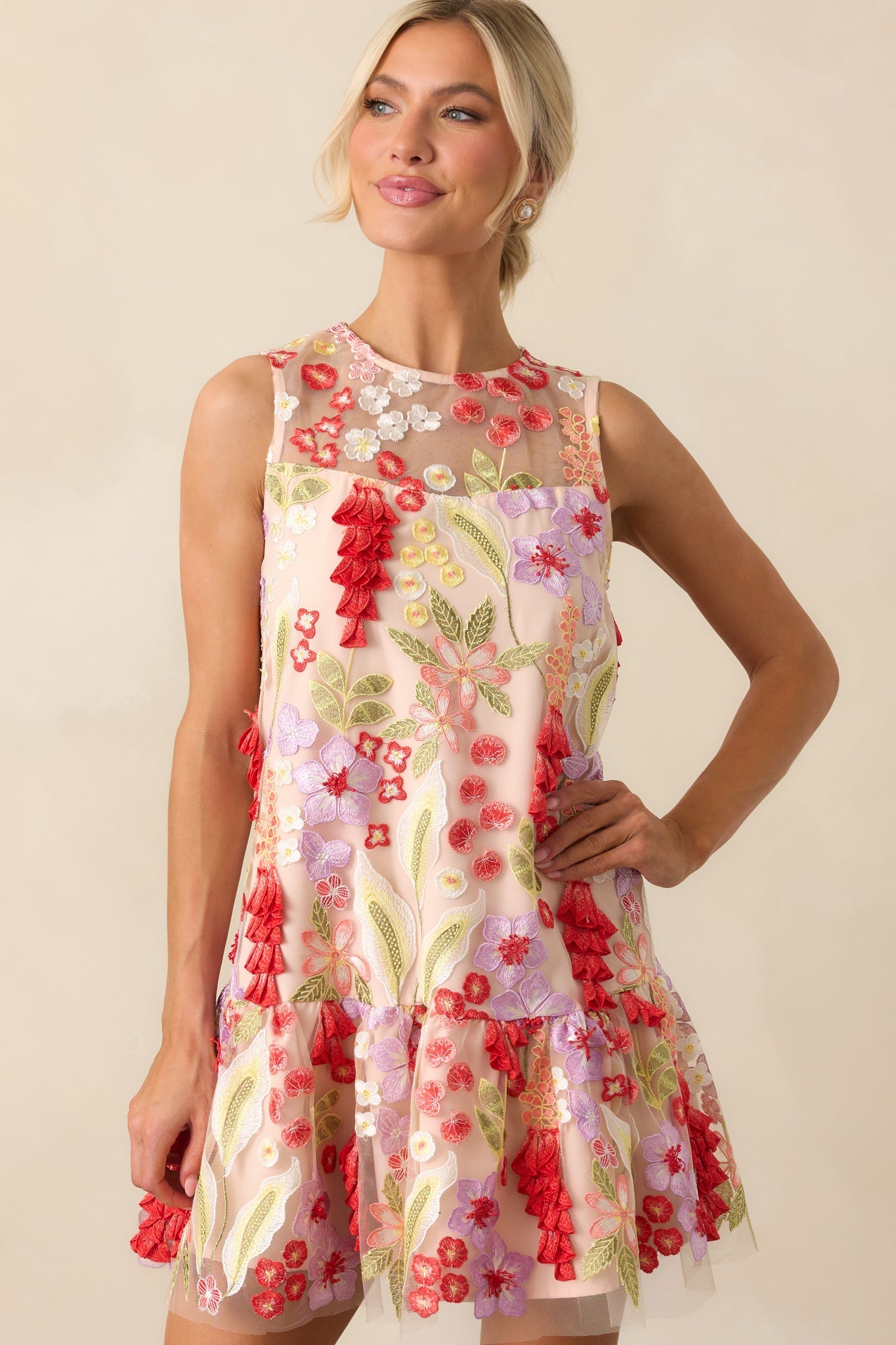 Just Can't Help It Pink Floral Embroidered Sleeveless Mini Dress