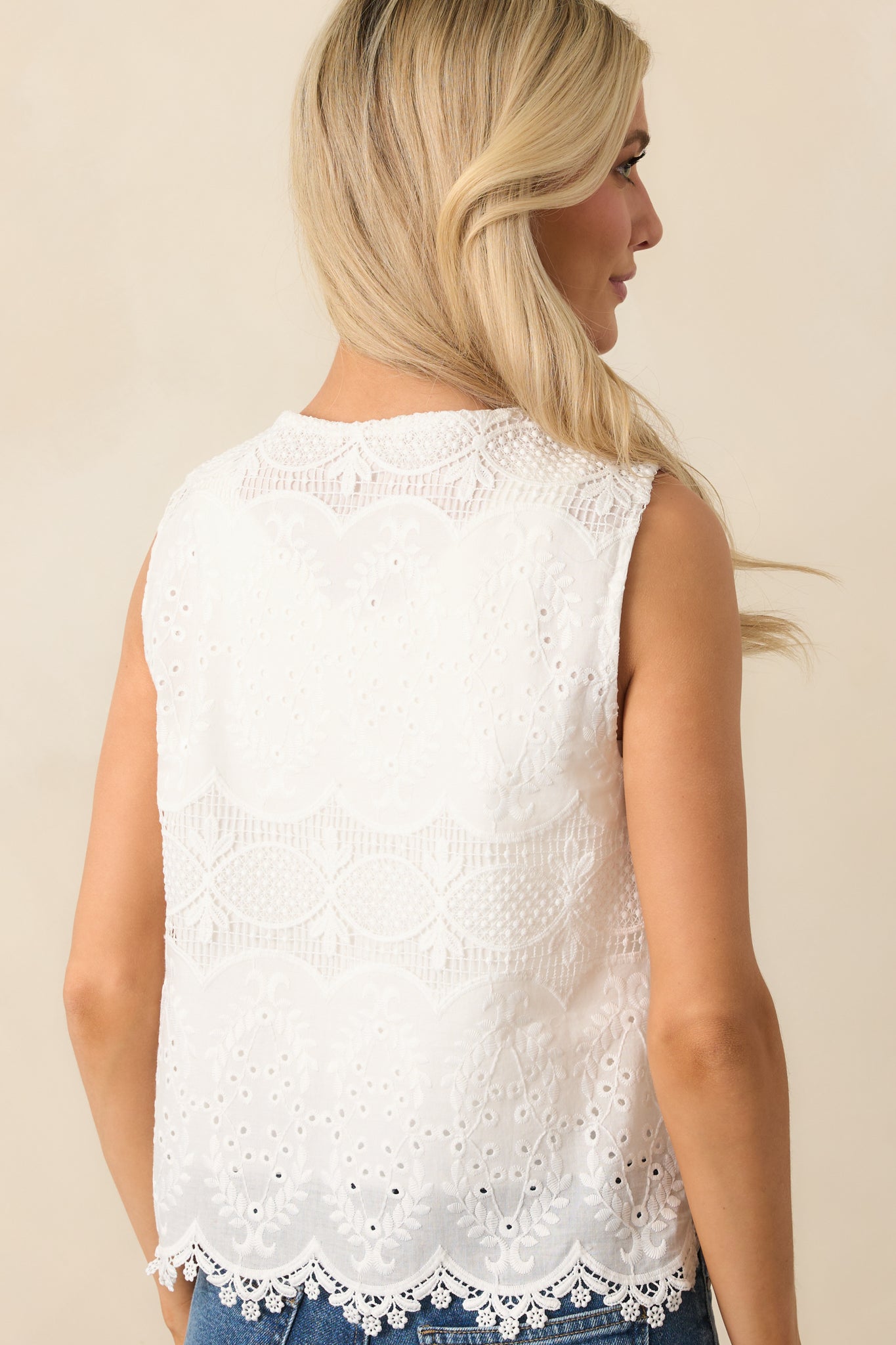 Never Settle White Cotton Embroidered Eyelet Bow Front Top