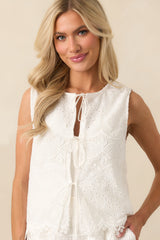 Never Settle White Cotton Embroidered Eyelet Bow Front Top
