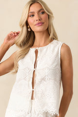 Never Settle White Cotton Embroidered Eyelet Bow Front Top