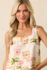 Good Days Only Beige Tropical Print Linen Sleeveless Crop Top