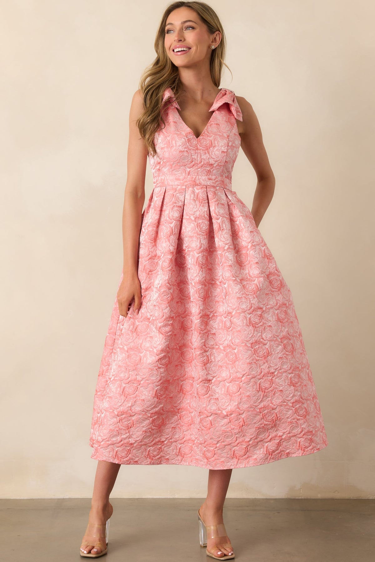 Margaret Pink Coral Floral Jacquard Midi Dress