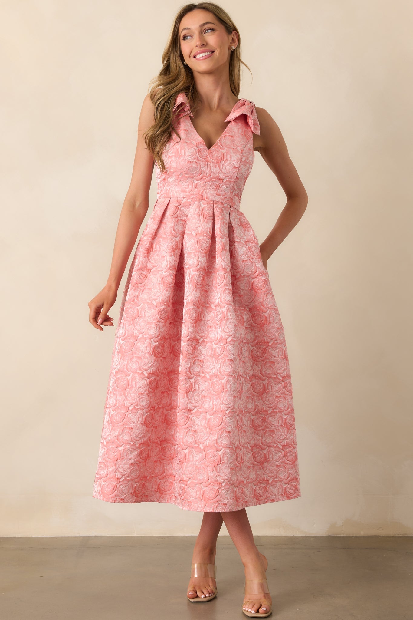 Margaret Pink Coral Floral Jacquard Midi Dress