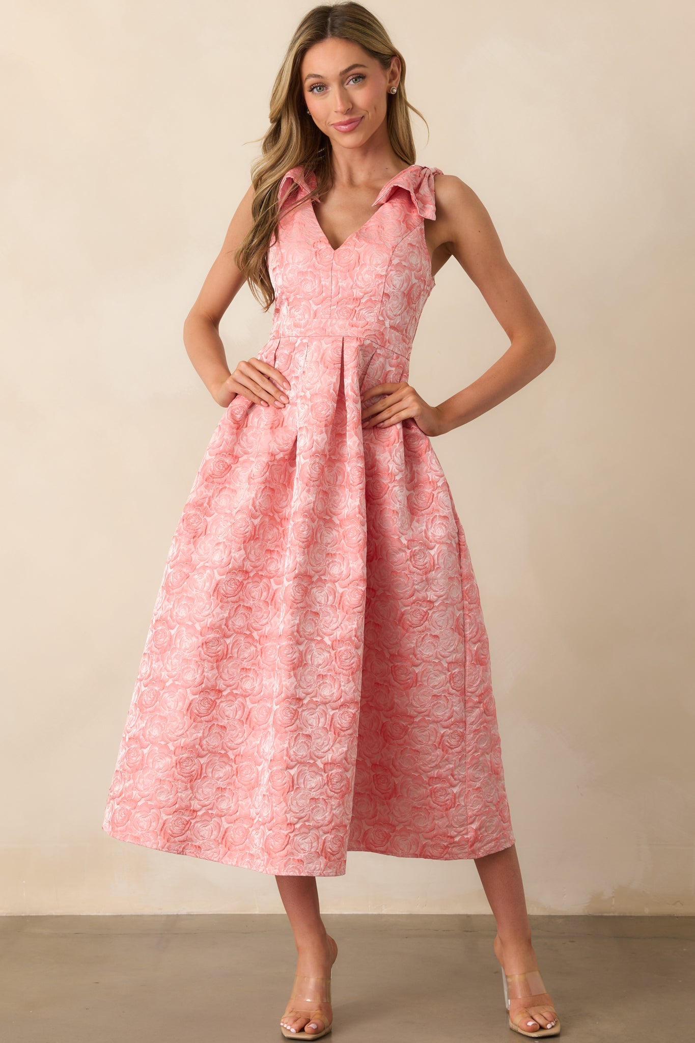 Margaret Pink Coral Floral Jacquard Midi Dress