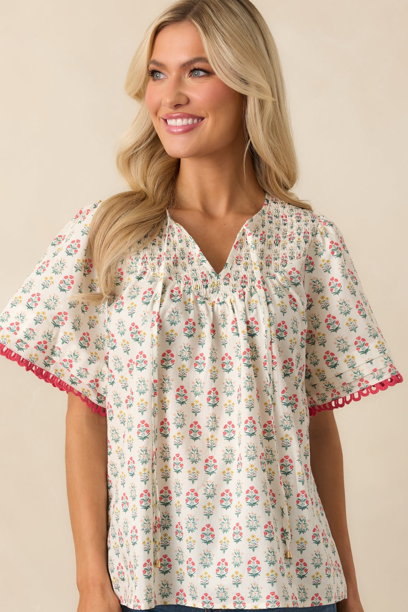 These Are The Good Times Red Floral Cotton Short Sleeve Top