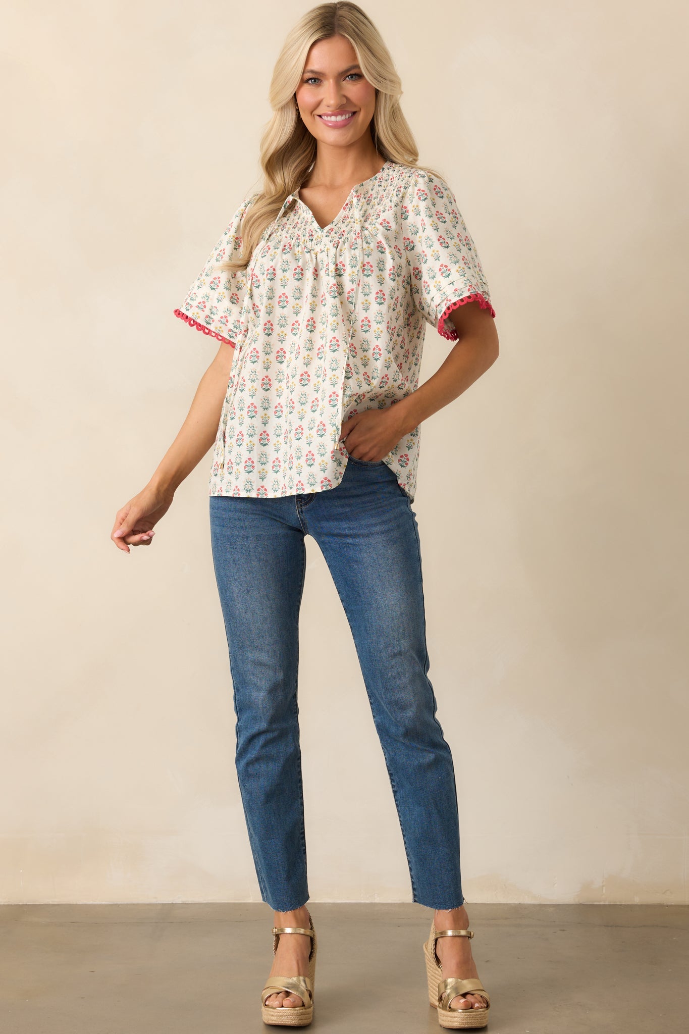 These Are The Good Times Red Floral Cotton Short Sleeve Top