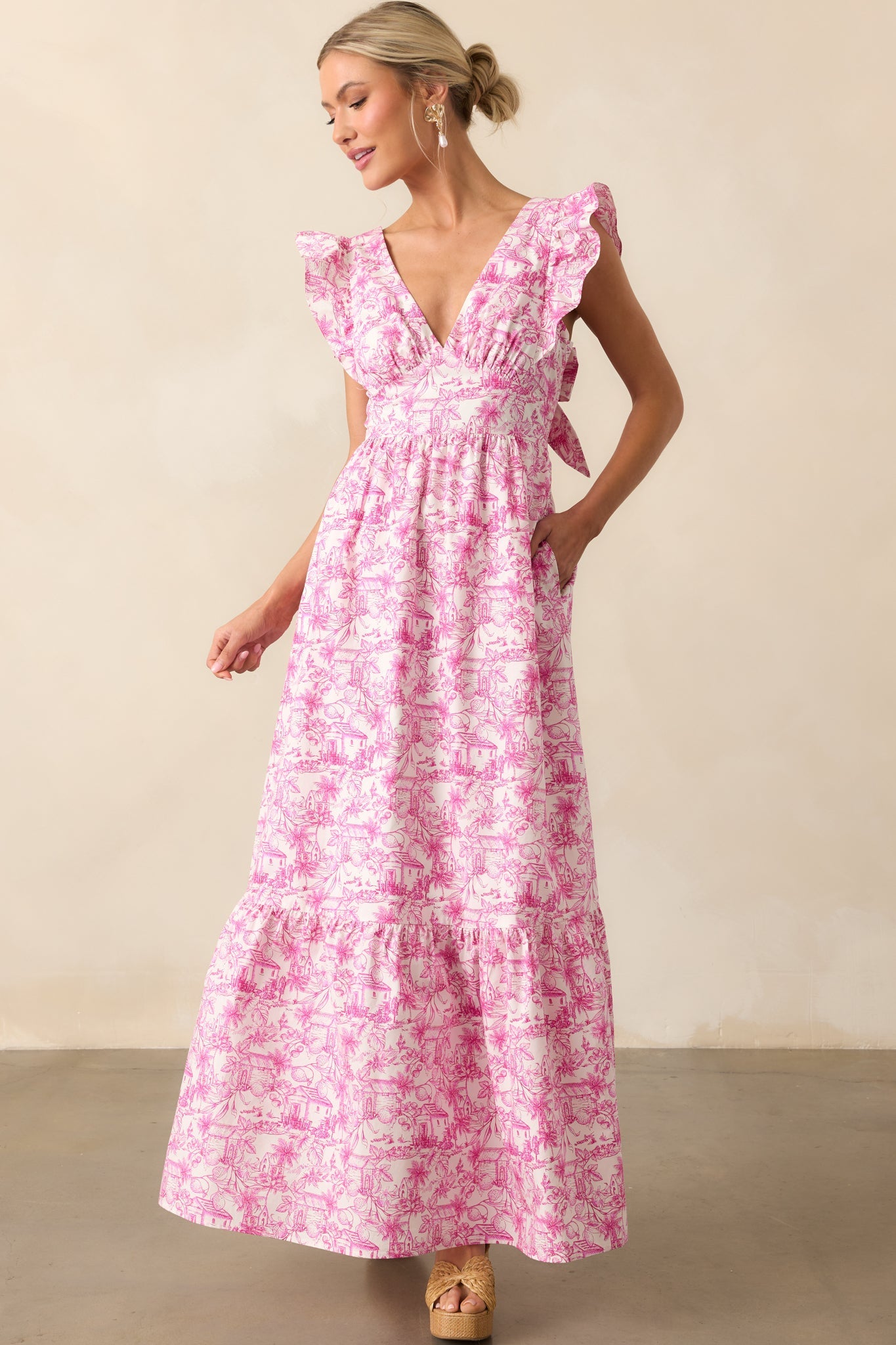Nothing But The Best Pink Tropical Toile Print Cotton Maxi Dress