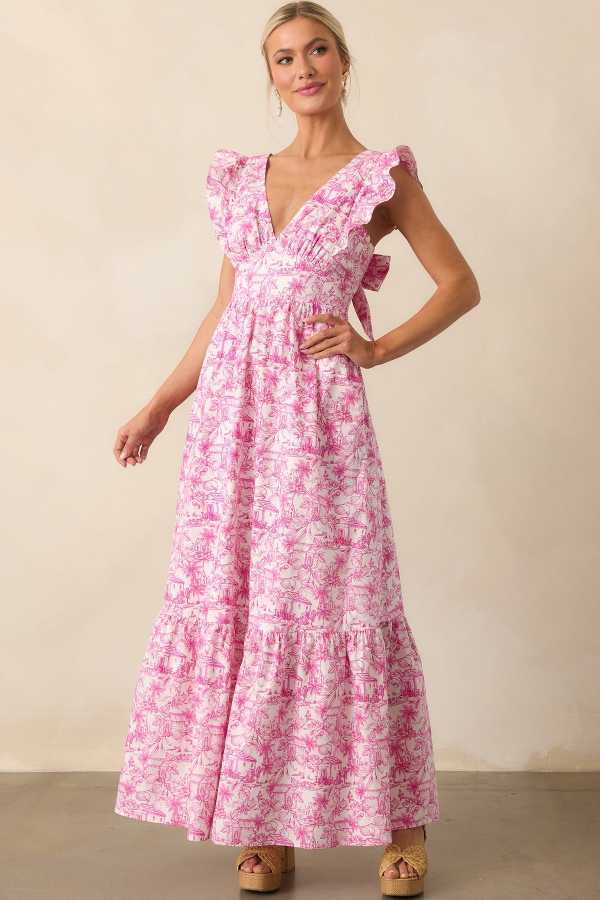 Nothing But The Best Pink Tropical Toile Print Cotton Maxi Dress