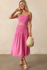 Ease Your Mind Hot Pink Smocked Drop Waist Midi Skirt