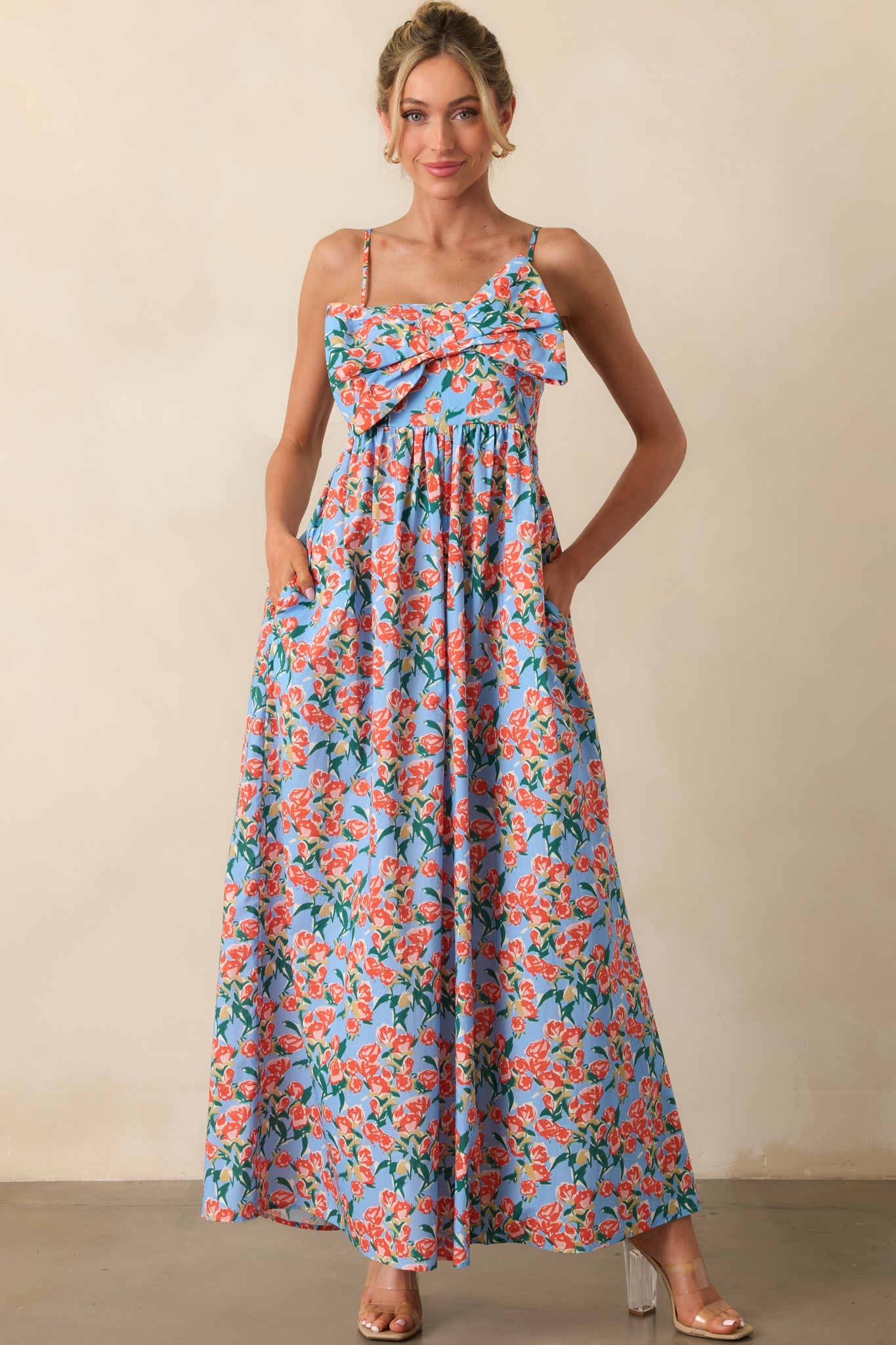 Too Good Not To Go Out Blue Floral Cotton Bow Front Jumpsuit