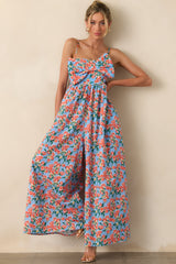 Too Good Not To Go Out Blue Floral Cotton Bow Front Jumpsuit