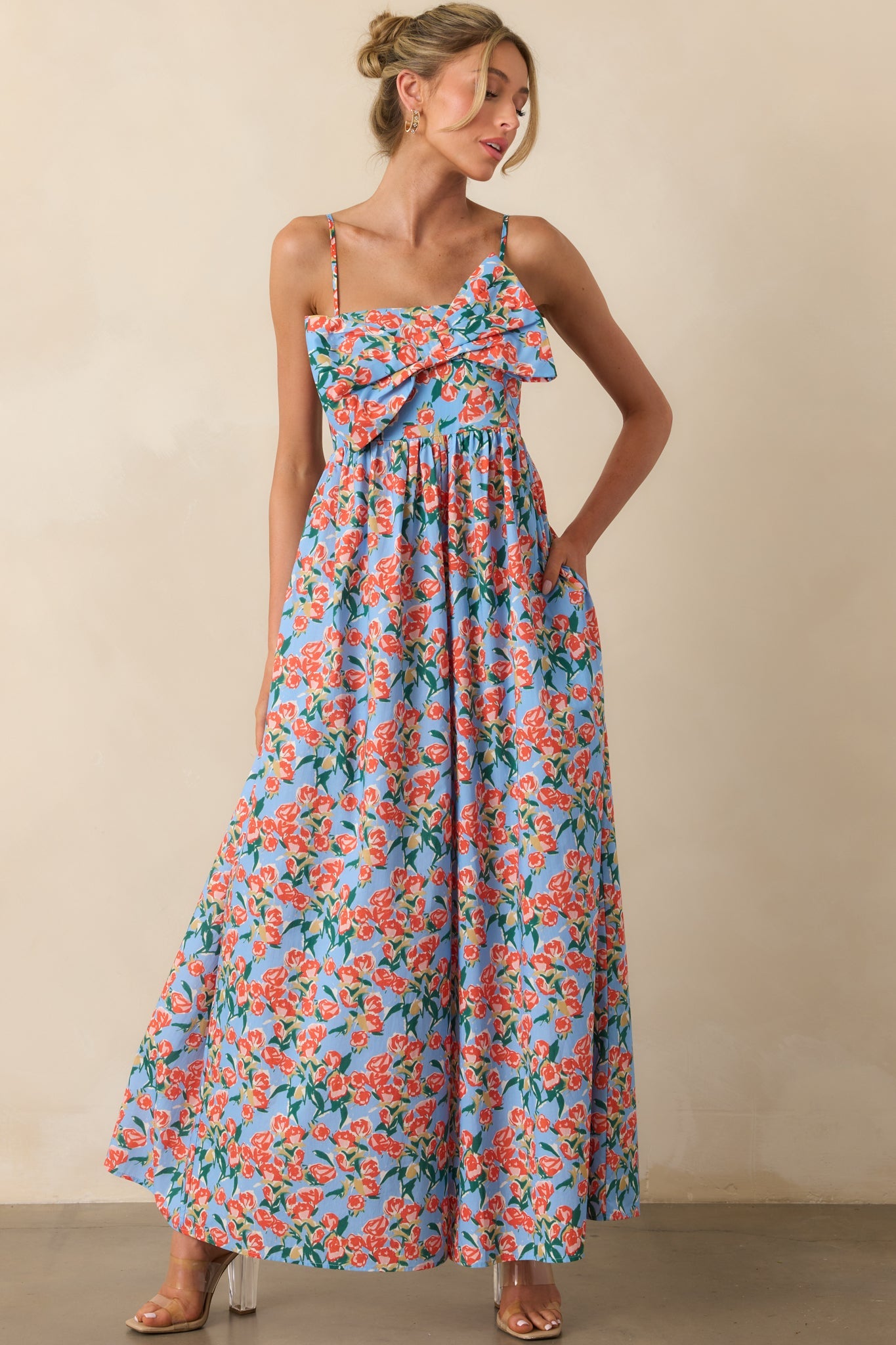 Too Good Not To Go Out Blue Floral Cotton Bow Front Jumpsuit