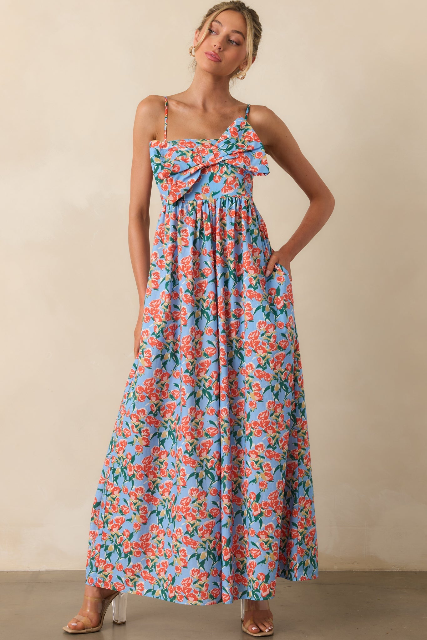 Too Good Not To Go Out Blue Floral Cotton Bow Front Jumpsuit