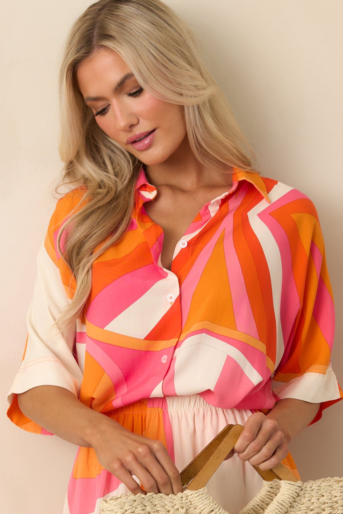 No Map Needed Orange Geometric Print Rayon Button Front Top