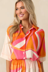No Map Needed Orange Geometric Print Rayon Button Front Top