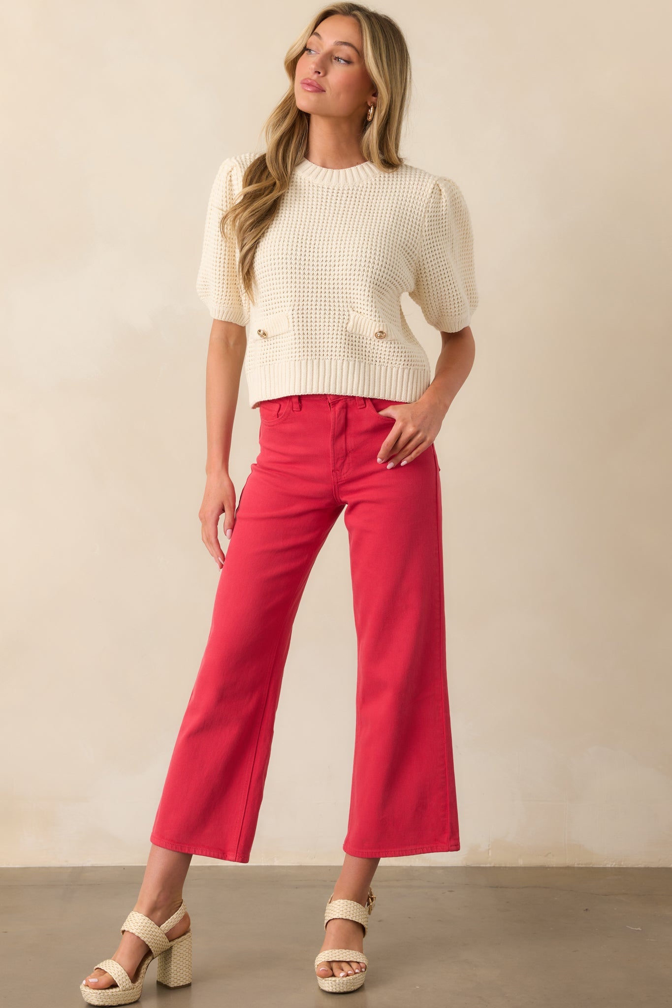 Into The Clouds Red Cropped Wide Leg Jeans