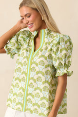 On The Up & Up Chartreuse Abstract Floral Cotton Puff Sleeve Top