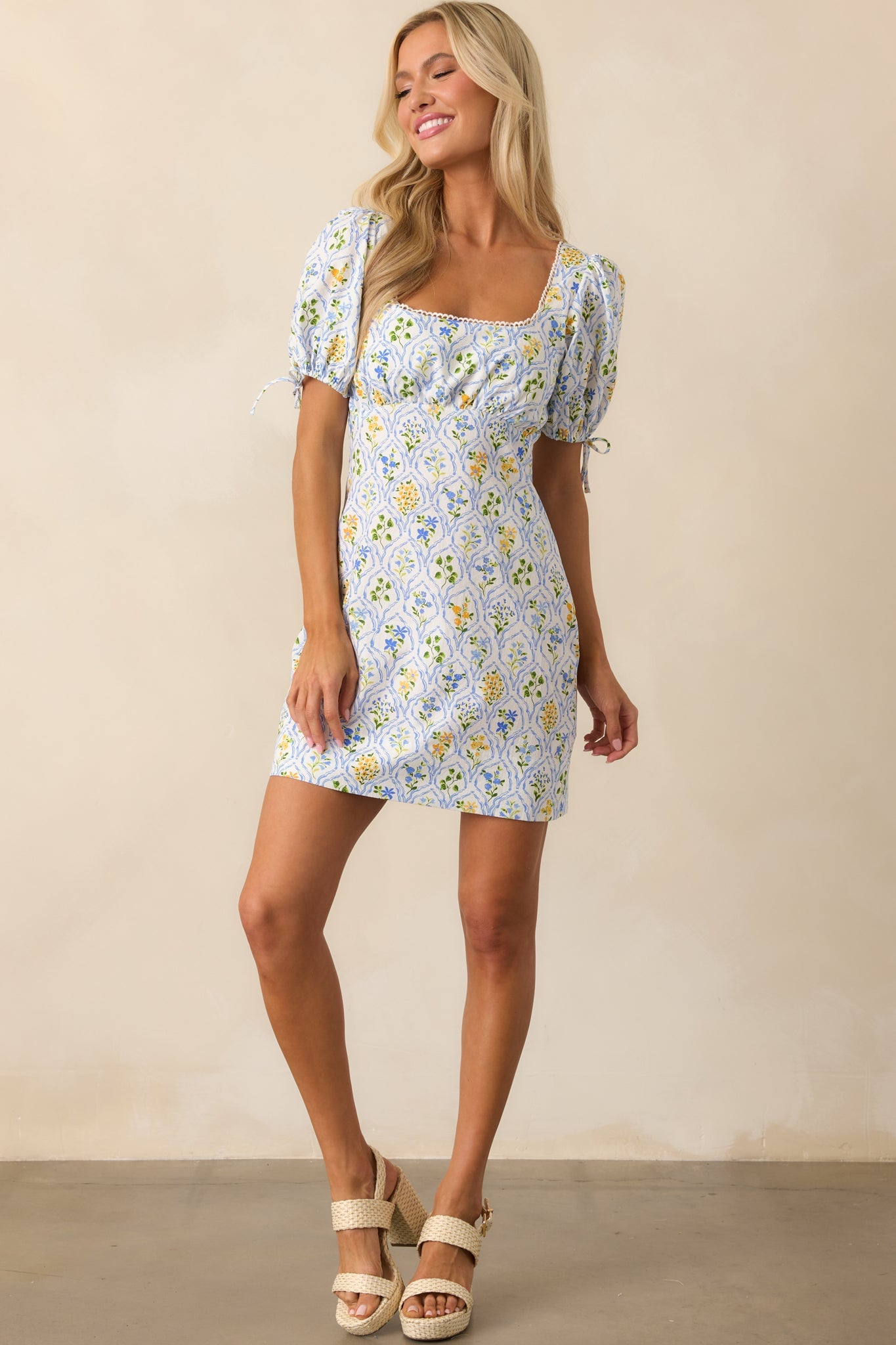MINKPINK Light Blue Floral Meadow Puff Sleeve Mini Dress