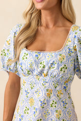 MINKPINK Light Blue Floral Meadow Puff Sleeve Mini Dress