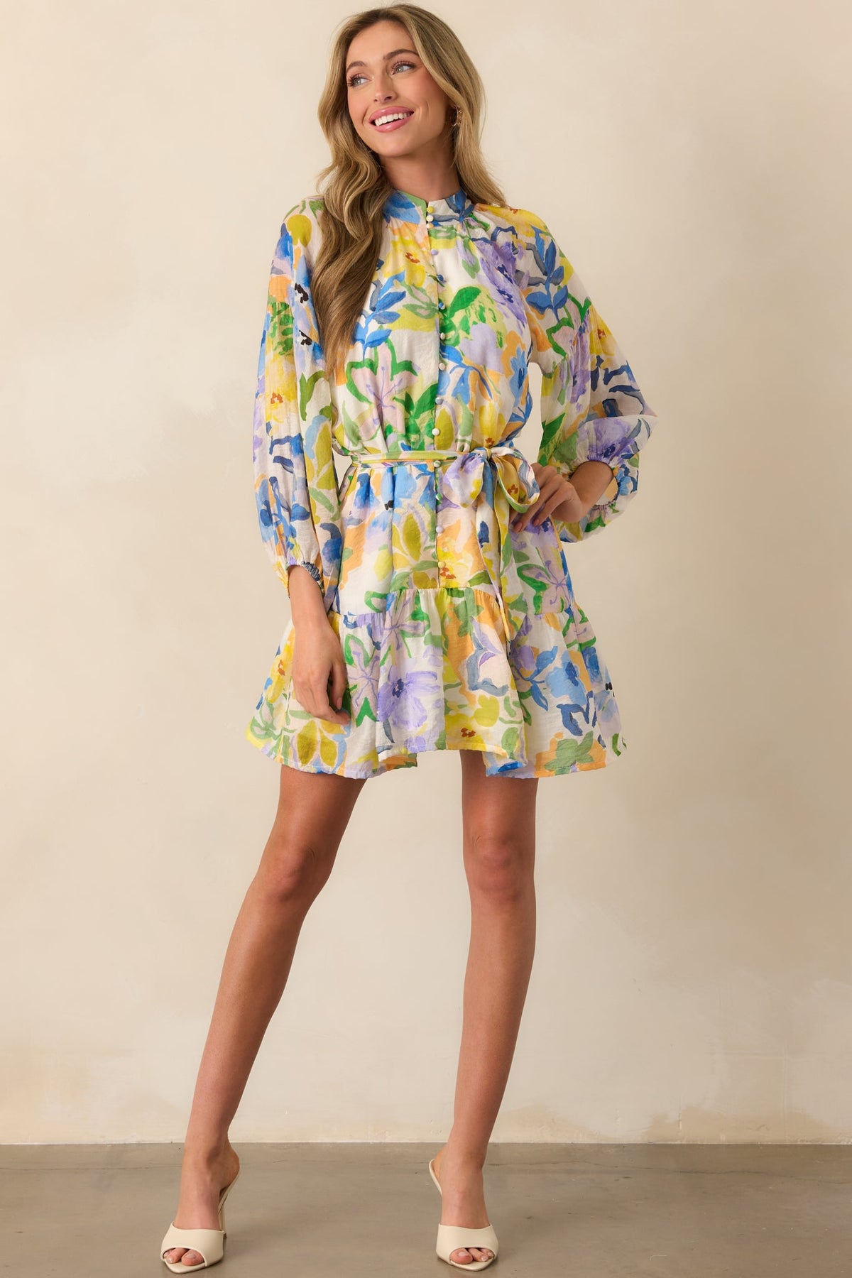 MINKPINK Yellow Floral Fable Blouson Mini Dress