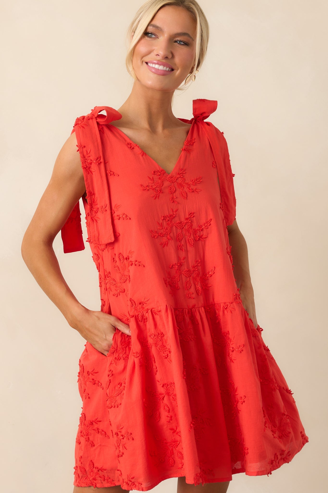 Holding Things Together Red Floral Embroidered Cotton Mini Dress