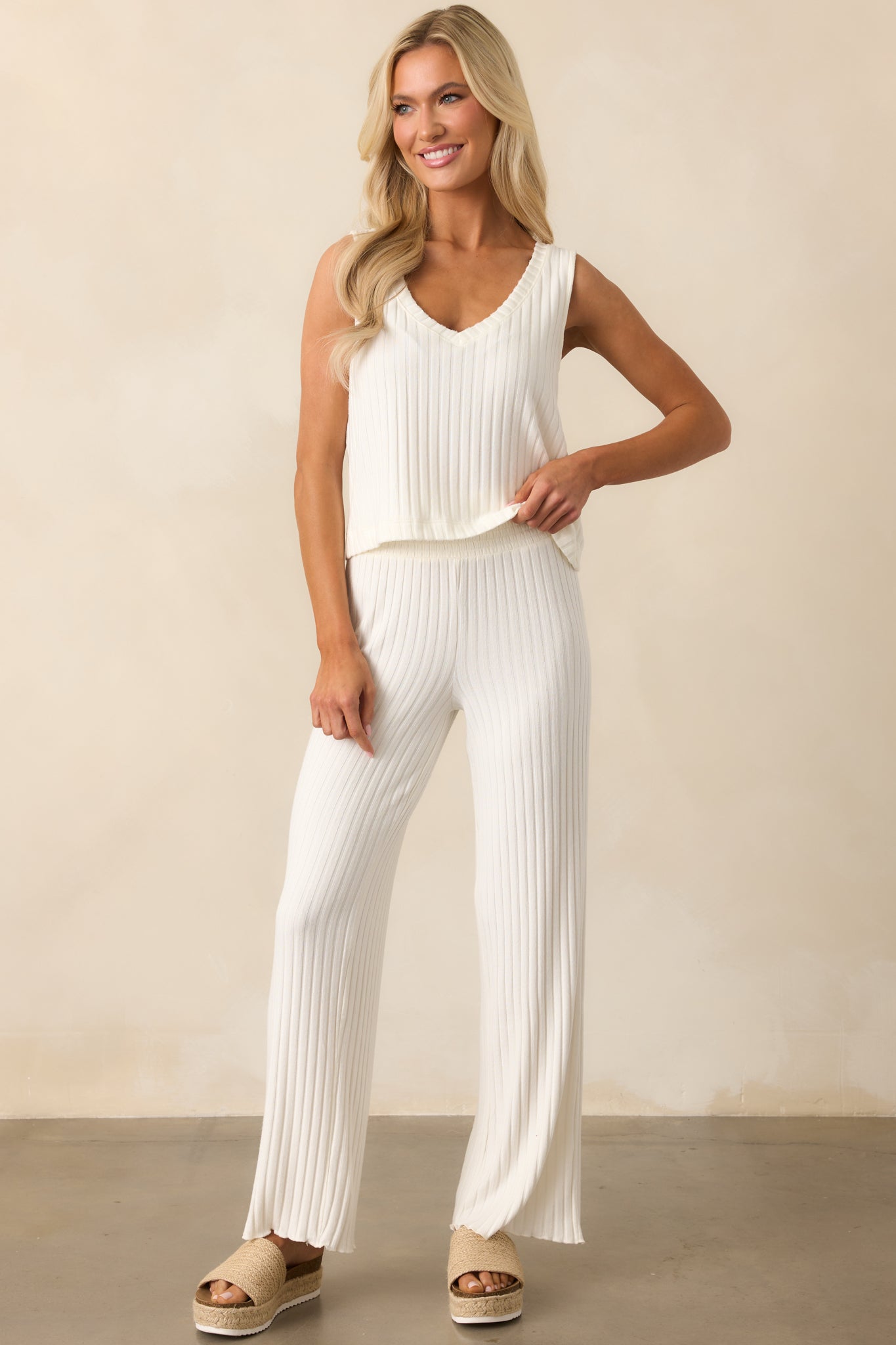 Z Supply Ivory Bone Dawn Smocked Rib Pant