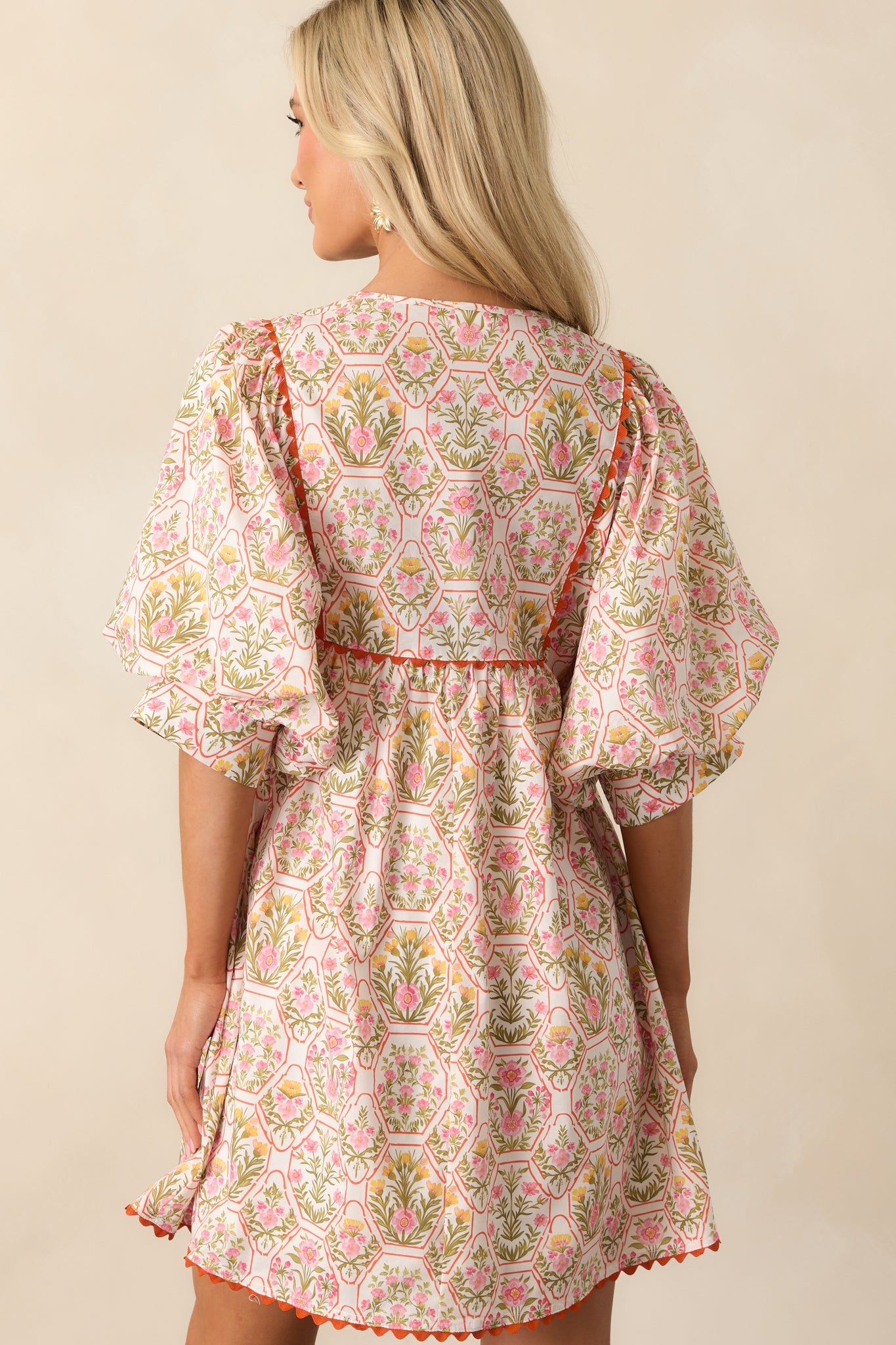 A Little Something Orange Geometric Floral Cotton Mini Dress