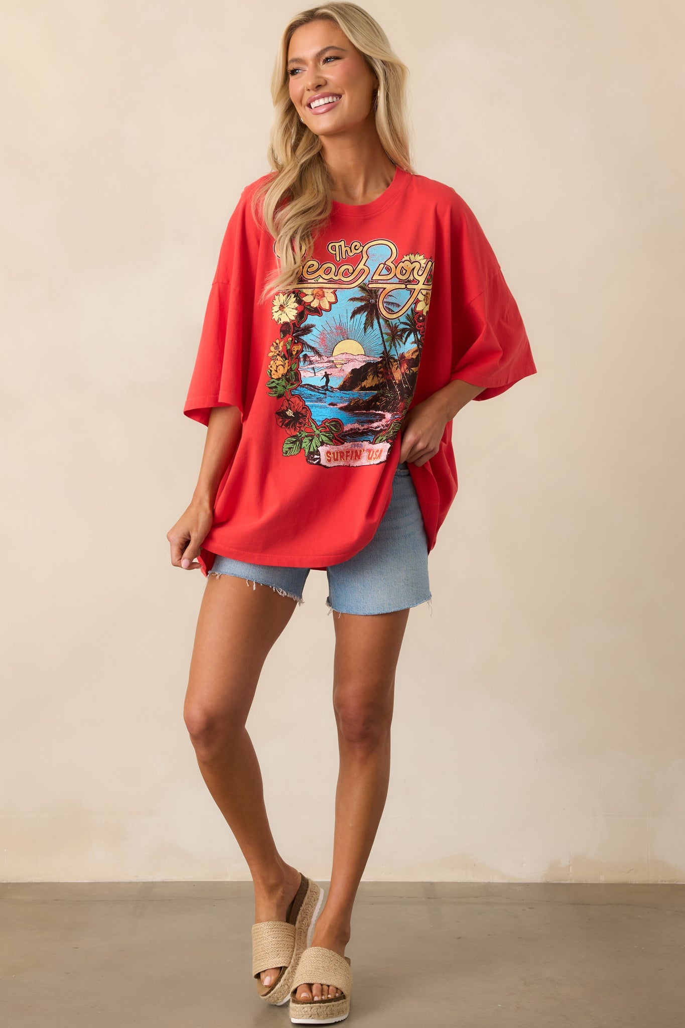The Beach Boys Red Cotton Surfin USA 1963 Oversized Graphic Tee