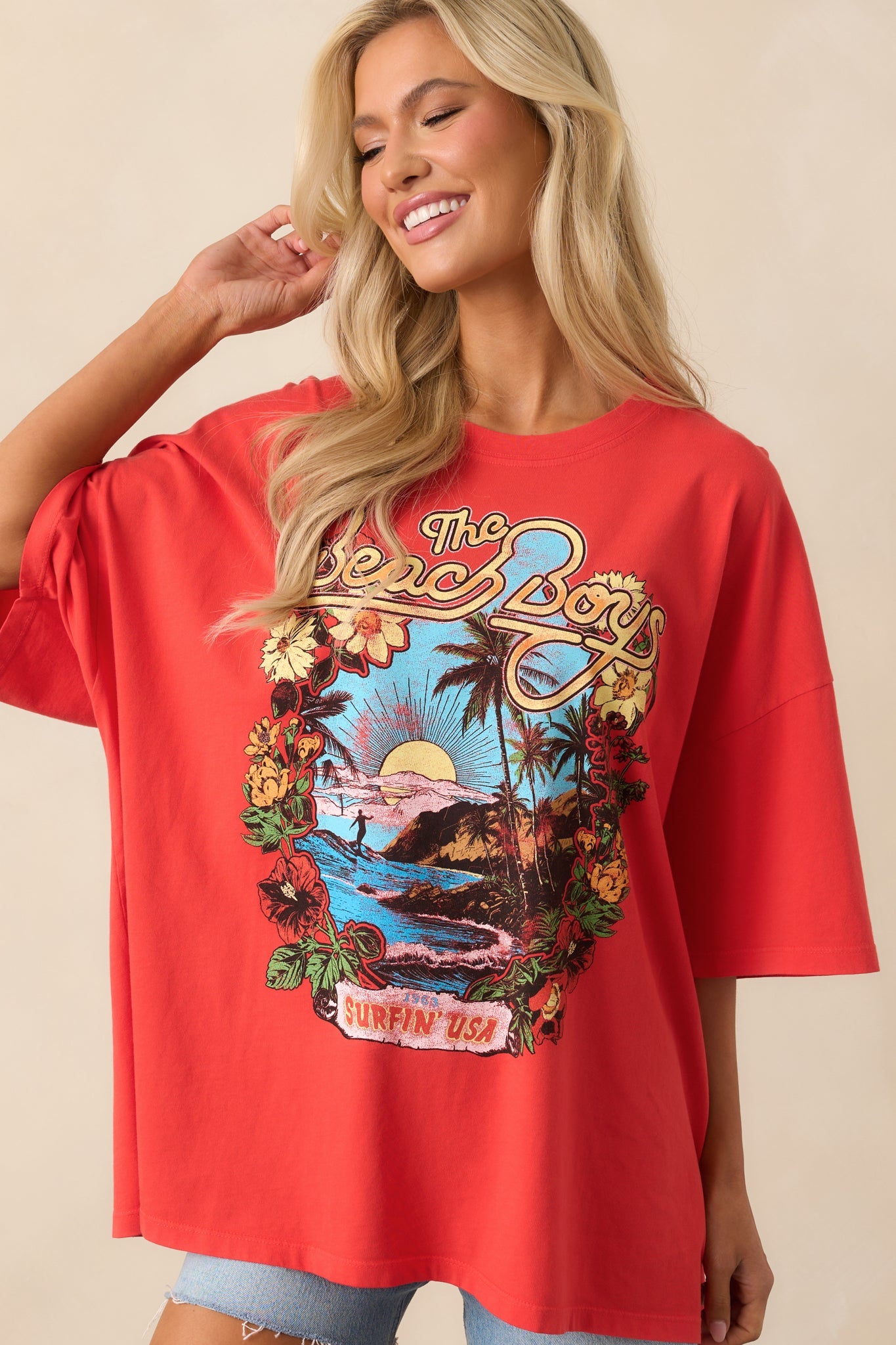 The Beach Boys Red Cotton Surfin USA 1963 Oversized Graphic Tee