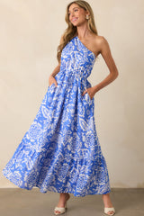 To Brighter Days Violet Blue Floral Cotton One Shoulder Maxi Dress