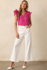 Always Remember Fuchsia Floral Cotton Flutter Sleeve Top