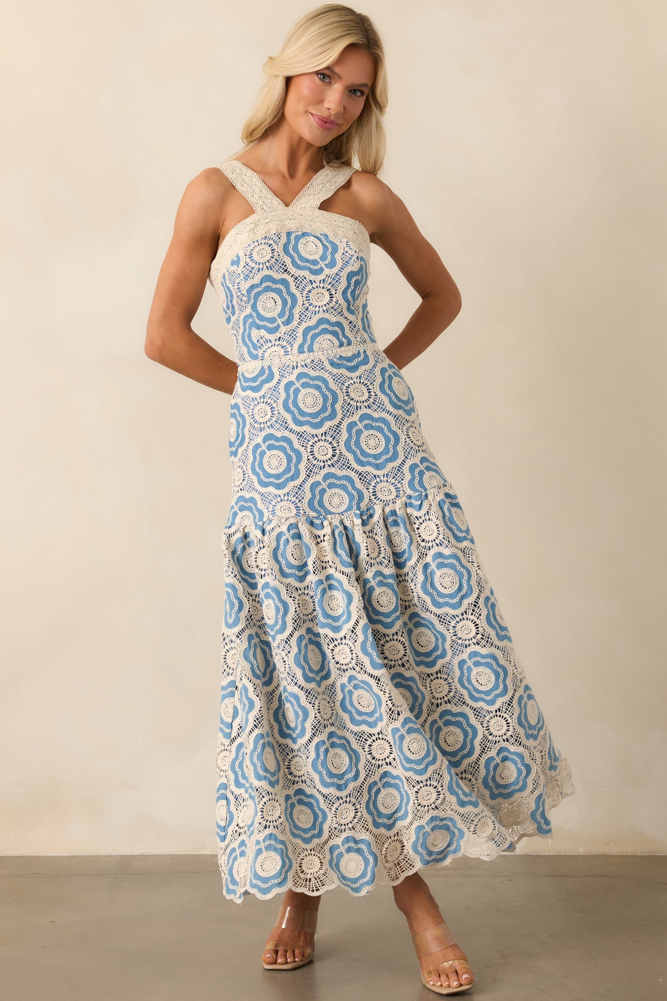 Midnight Muse Light Blue Floral Embroidered Drop Waist Maxi Dress