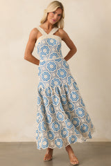 Midnight Muse Light Blue Floral Embroidered Drop Waist Maxi Dress