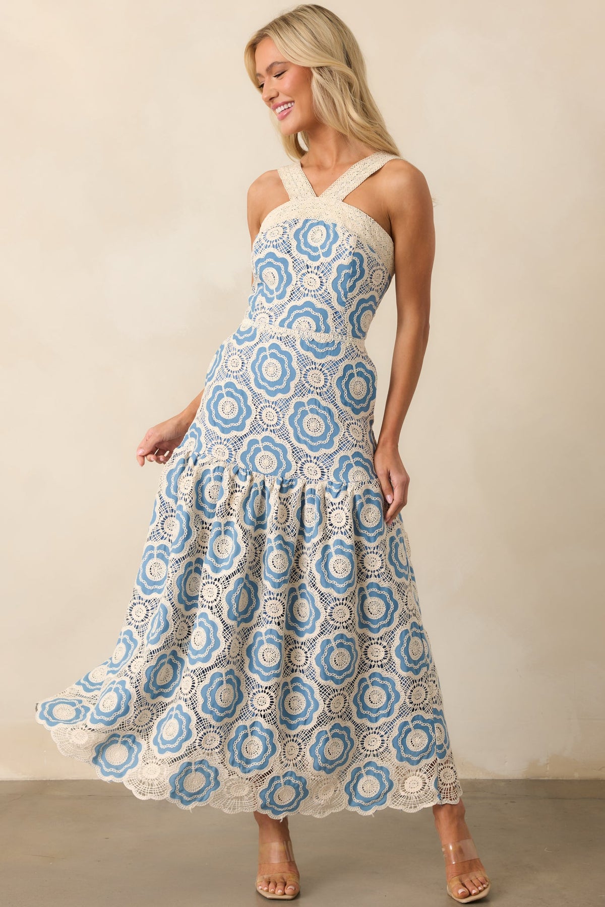Midnight Muse Light Blue Floral Embroidered Drop Waist Maxi Dress