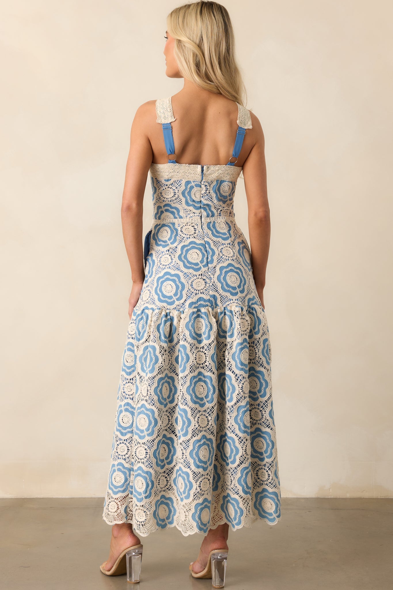 Midnight Muse Light Blue Floral Embroidered Drop Waist Maxi Dress