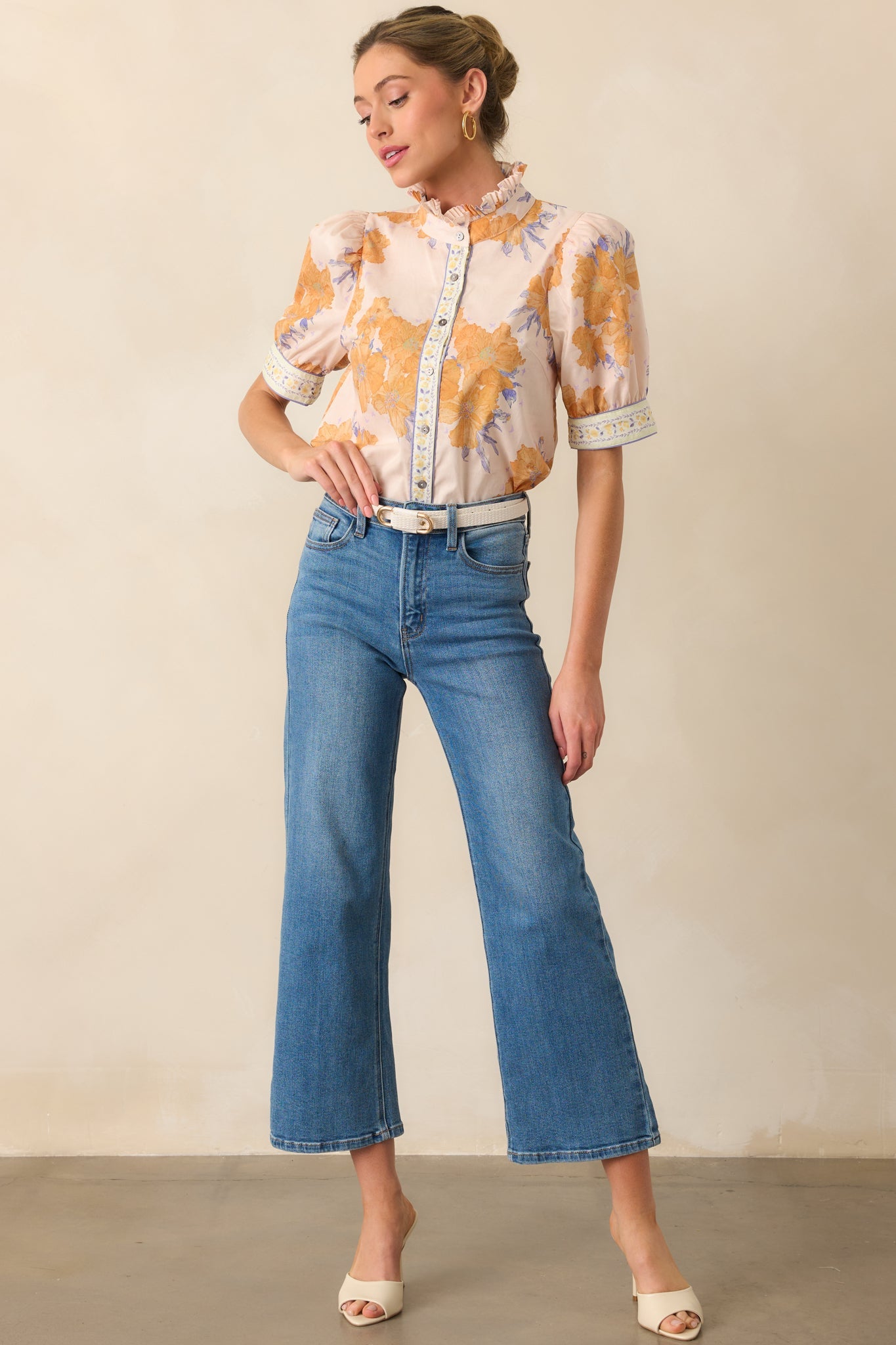 Lingering Memories Honey Yellow Floral Cotton Button Front Top