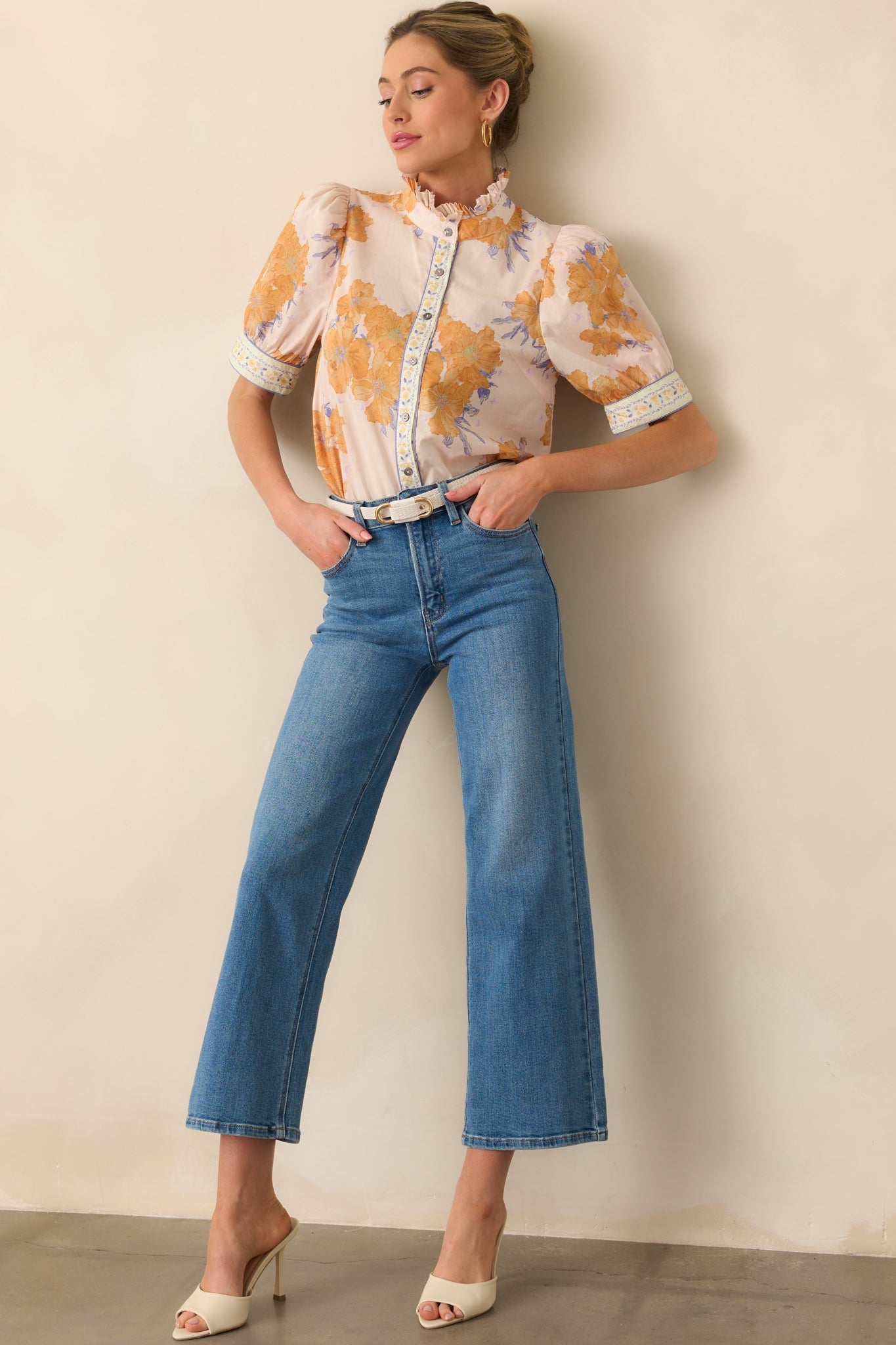 Lingering Memories Honey Yellow Floral Cotton Button Front Top