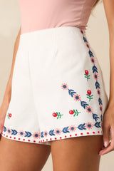 Creating Memories Ivory Floral Embroidered High Waisted Shorts