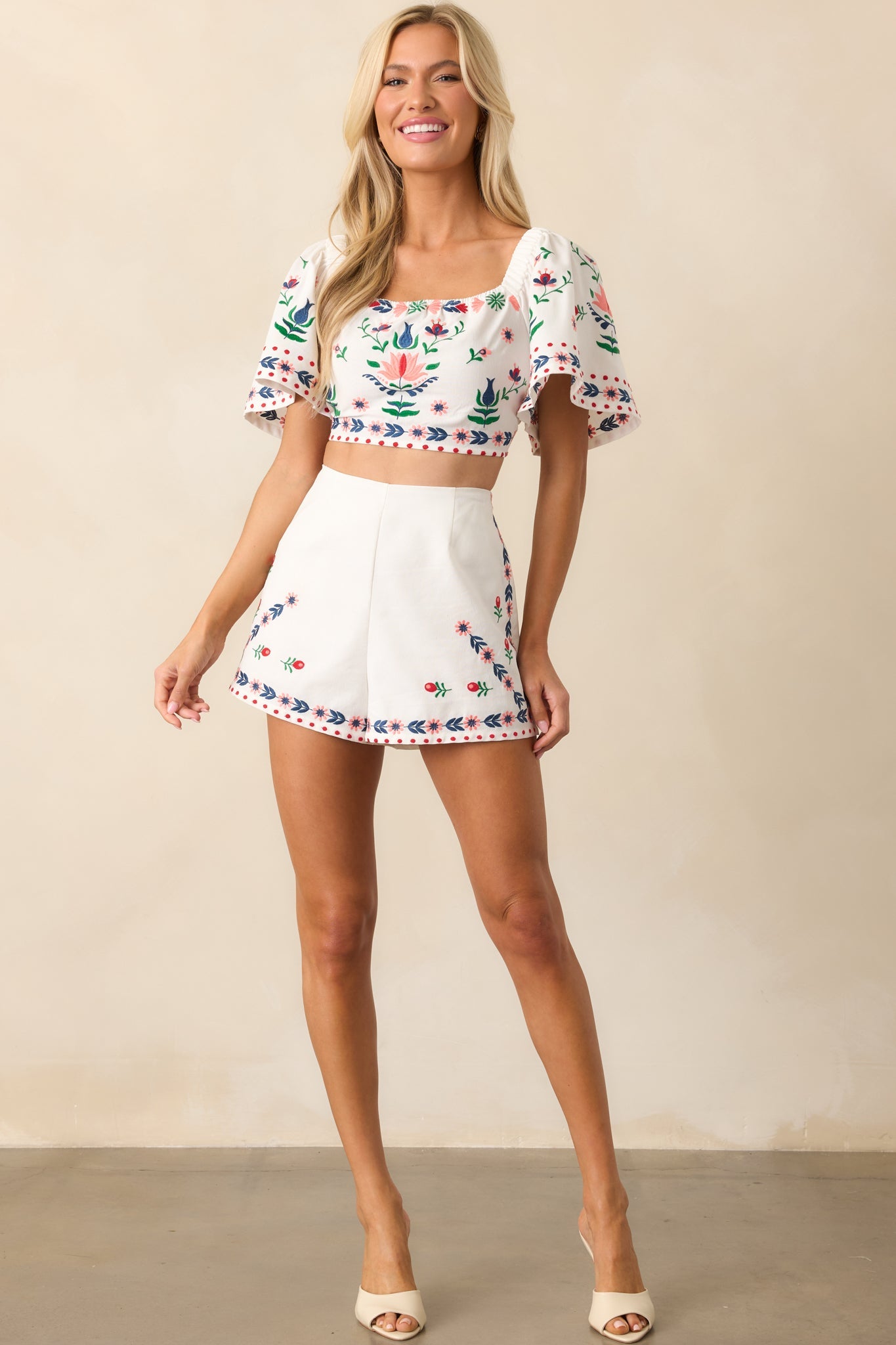 This Is The Good Part Ivory Floral Embroidered Crop Top