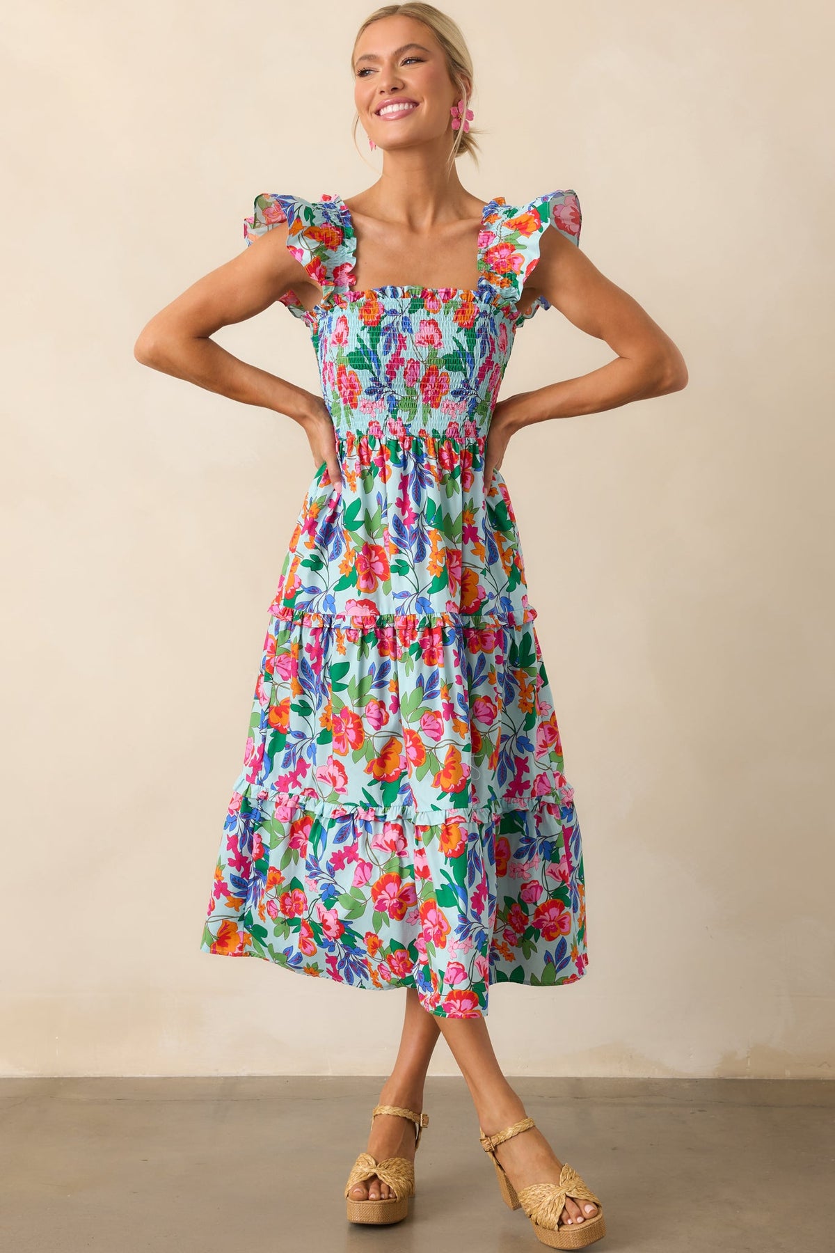 Life In Full Bloom Light Blue Floral Cotton Midi Dress