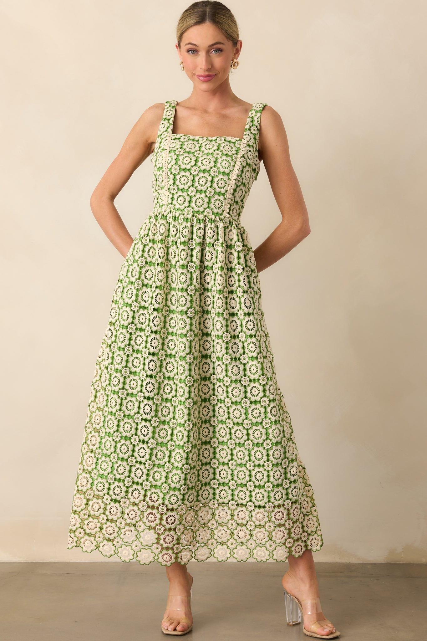 In The Meadow Green Floral Embroidered Midi Dress