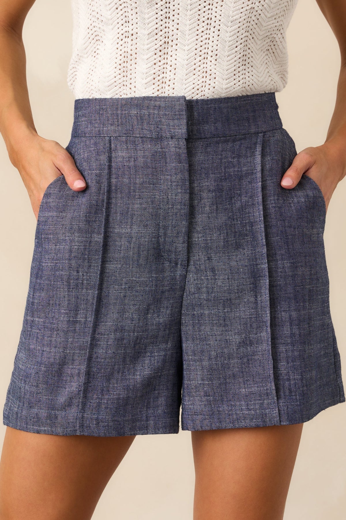 Meet In The Middle Dark Wash Chambray Tailored Shorts