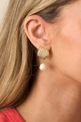 Sunkissed Serenade Gold Ivory Pearl Seashell Drop Earrings