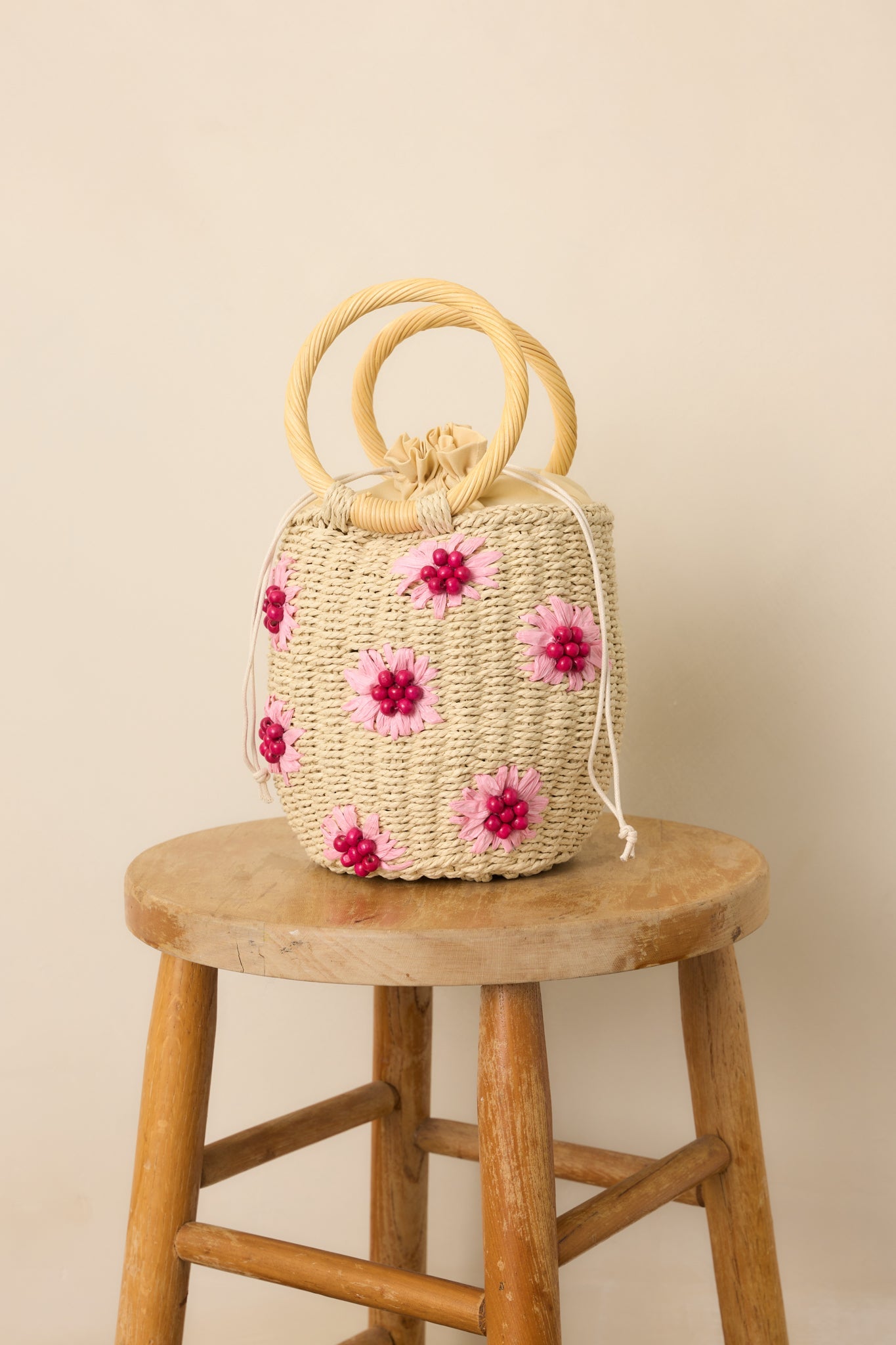 Weekend Picnic Natural Straw Bucket Floral Handbag