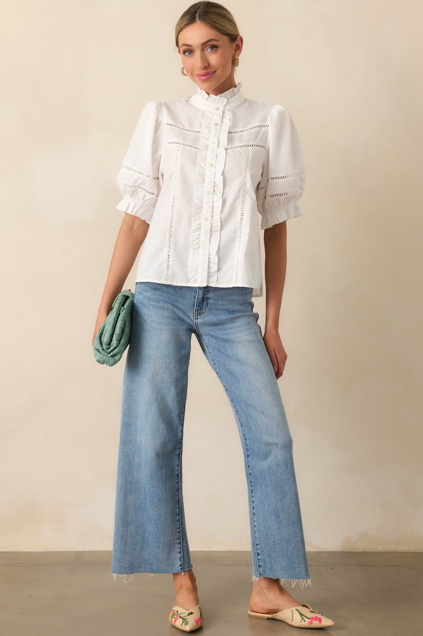 Taking The Scenic Route Ivory Eyelet Ruffle Half Sleeve Top
