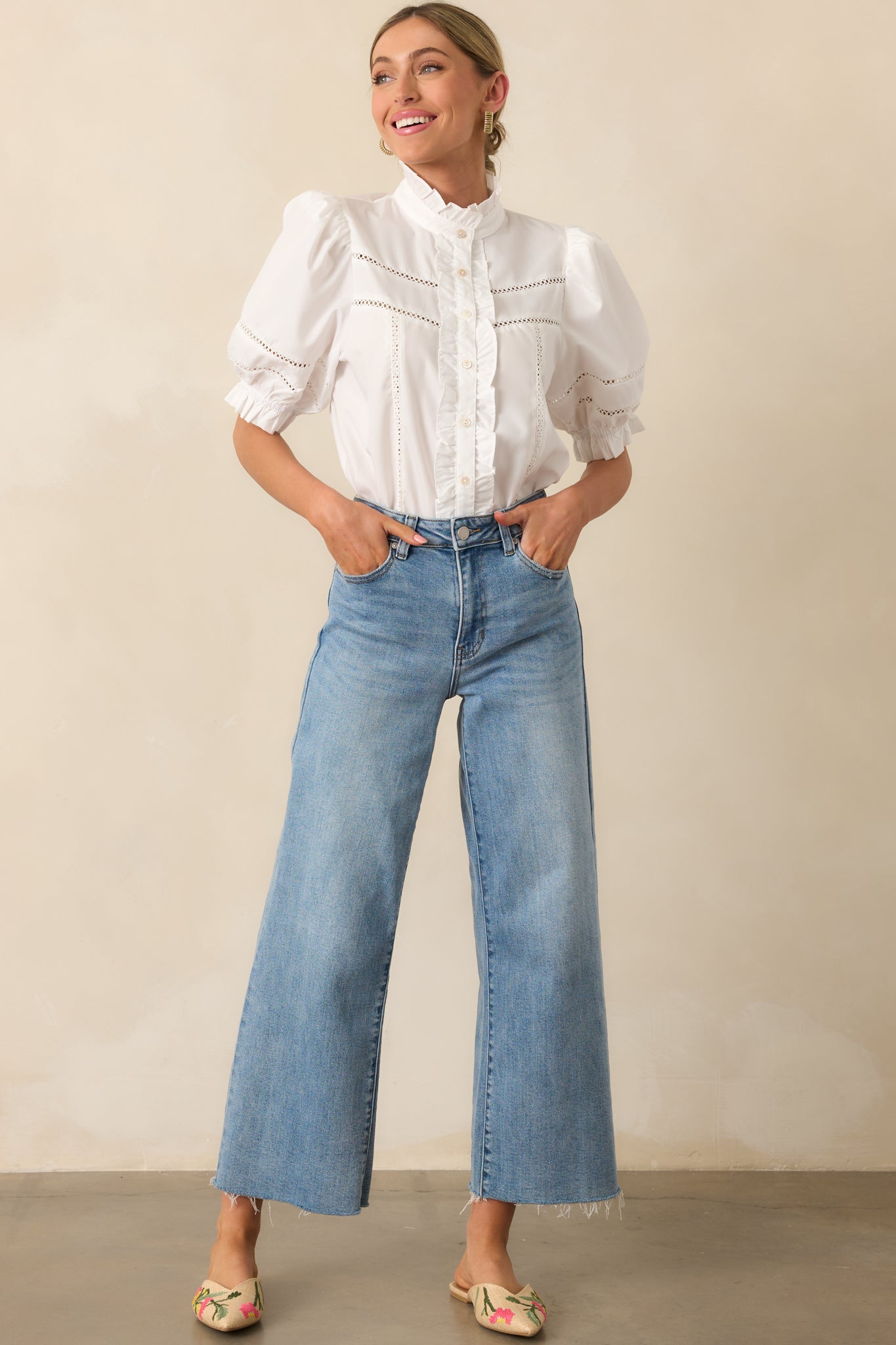 Taking The Scenic Route Ivory Eyelet Ruffle Half Sleeve Top